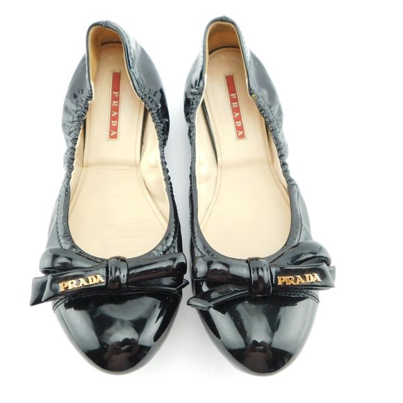 PRADA Logo Bow Black Patent Leather Ballet Flats 37.5 - Picture 2 of 7